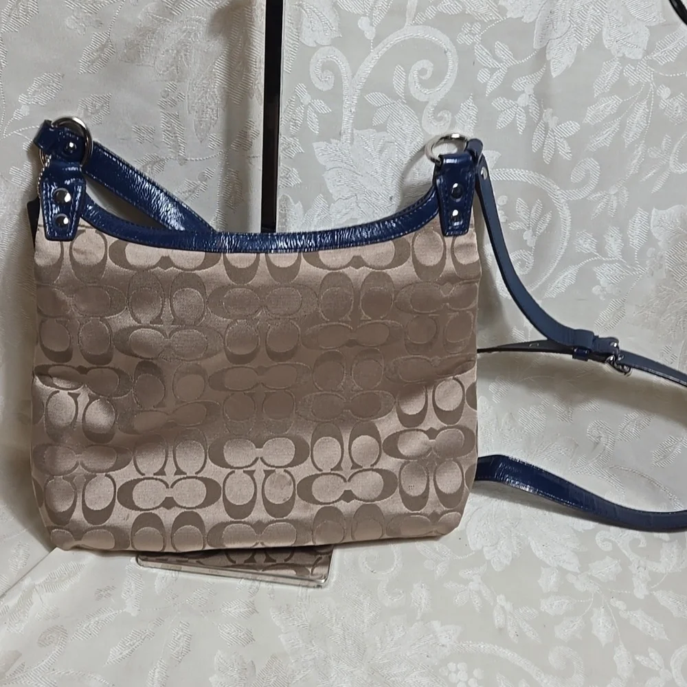Coach Penelope Tan and Blue Satin With Patent Leather Crossbody Bag